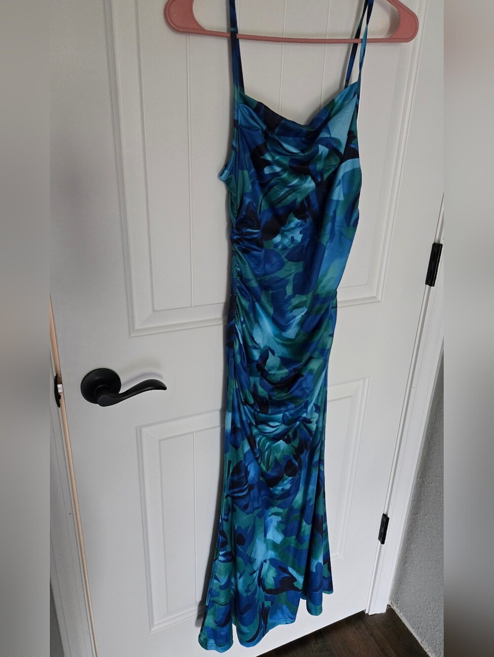 Blue-Green Floral Maxi Slip Dress with Draped Neckline